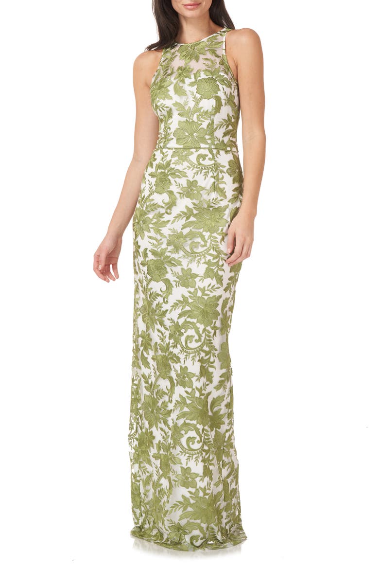 Embroidered Halter Neck Pencil Gown, Main, color, JUNIPER/ WHITE