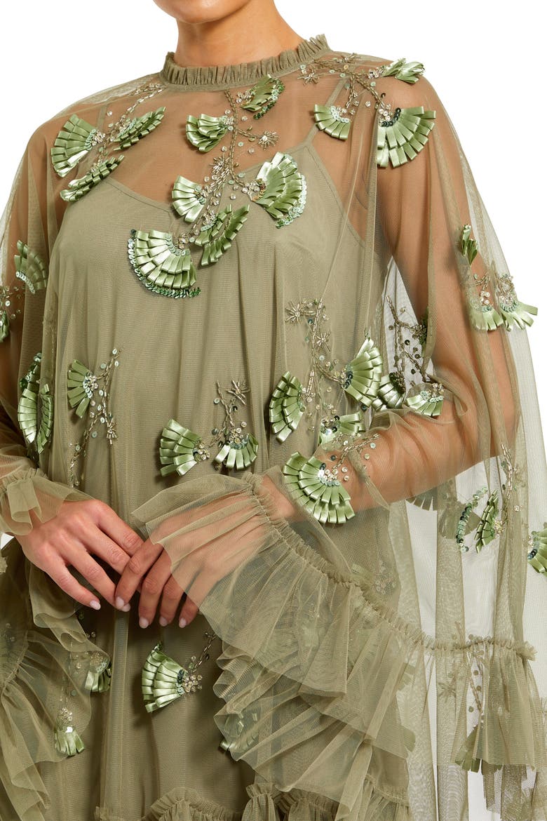 Embellished Long Sleeve Trapeze Dress with Ruffle Hem, Alternate, color, Sage