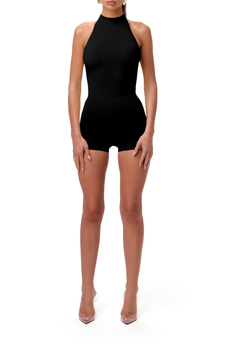 Naked Wardrobe Funnel Neck Racerback Bodysuit, Alternate, color, Black