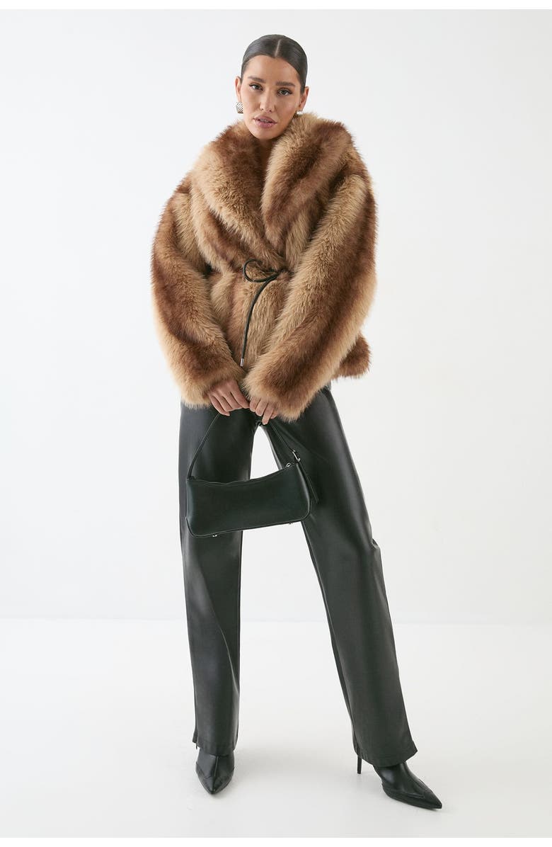 MissPap Faux Fur Wide Collar Belted Jacket, Alternate, color, Brown