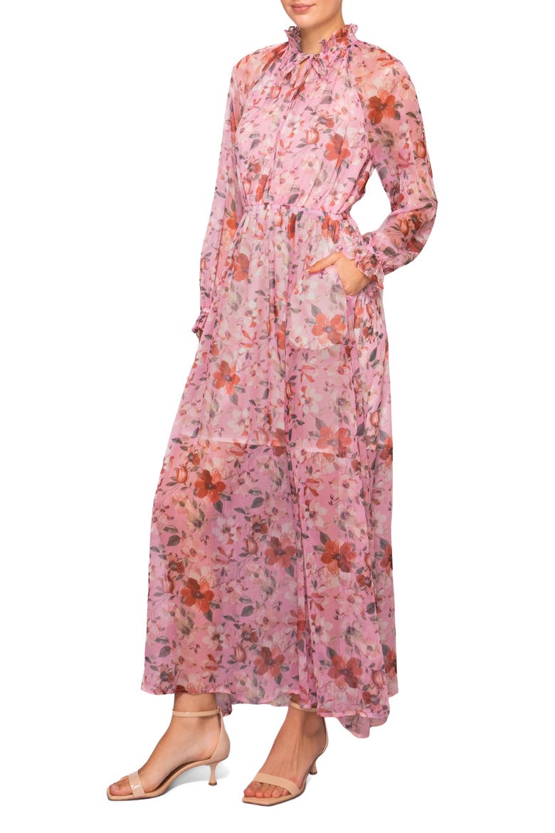 Long Sleeve Front Tie Maxi Dress, Alternate, color, PINK MULTI