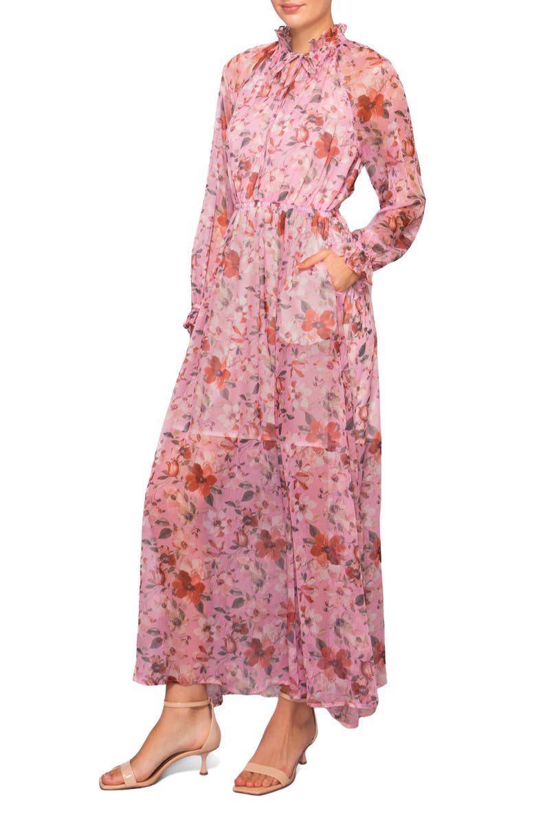 MELLODAY Long Sleeve Front Tie Maxi Dress, Alternate, color, Pink Multi