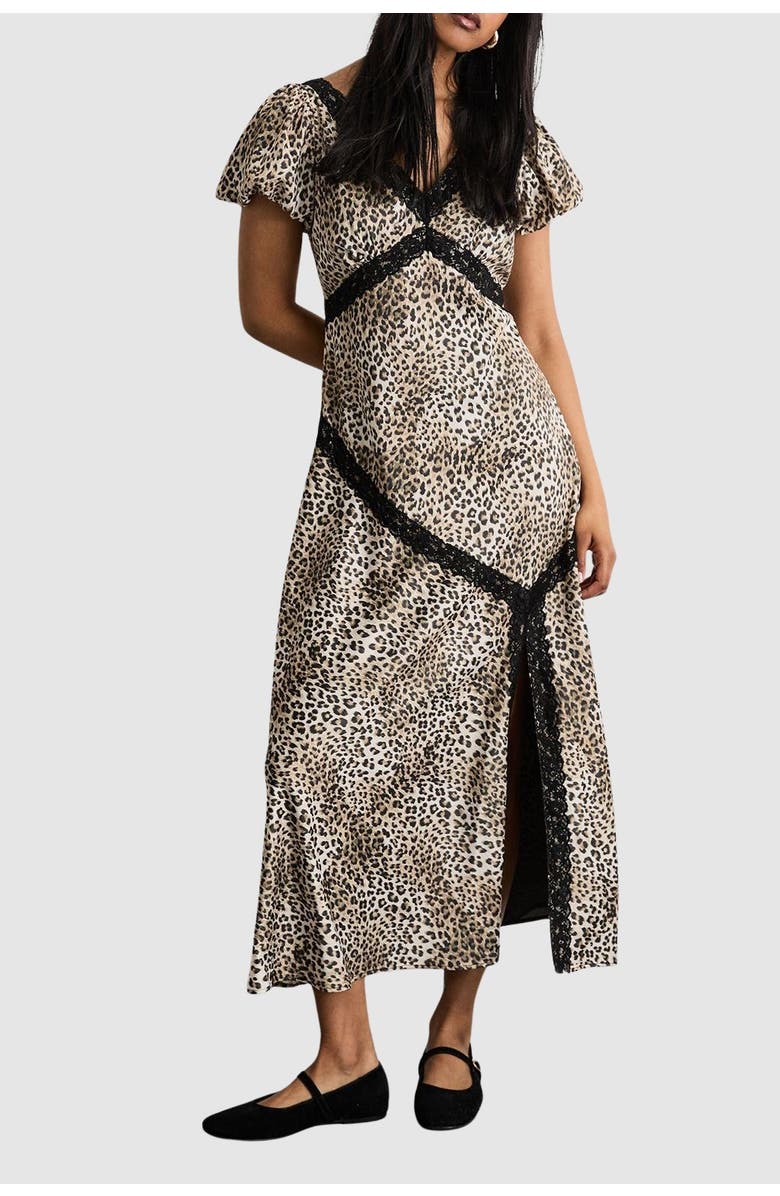 Warehouse Printed Puff Sleeve Midi Dress, Alternate, color, Animal