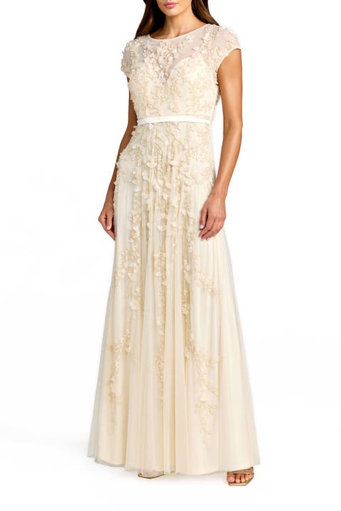 Floral Embellished Mesh Short Sleeve Gown