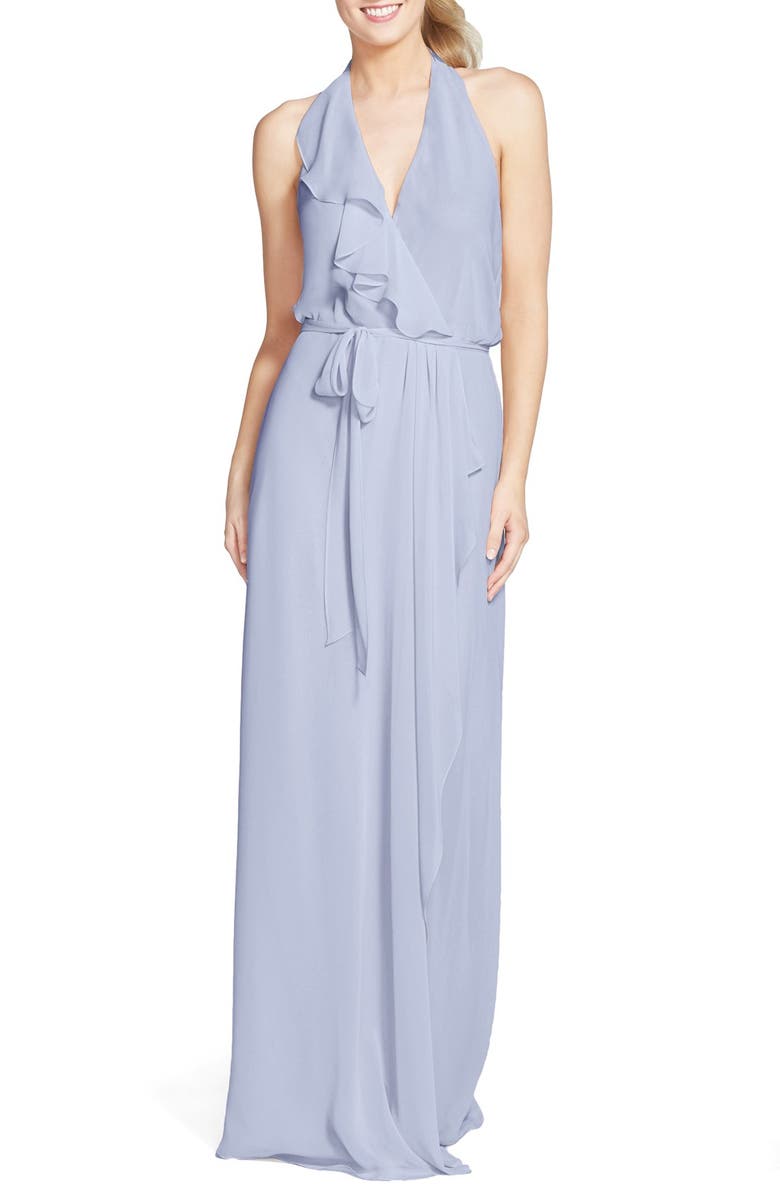 nouvelle AMSALE 'Erica' Ruffle Chiffon Halter Neck Wrap Gown, Main, color,