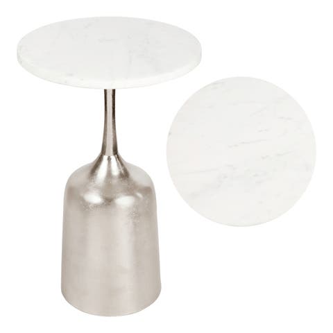 Pip 20.25" Classic Designer Metal Drink Table and Decorative End Table with White Marble Round Top and Bell Pedestal Base