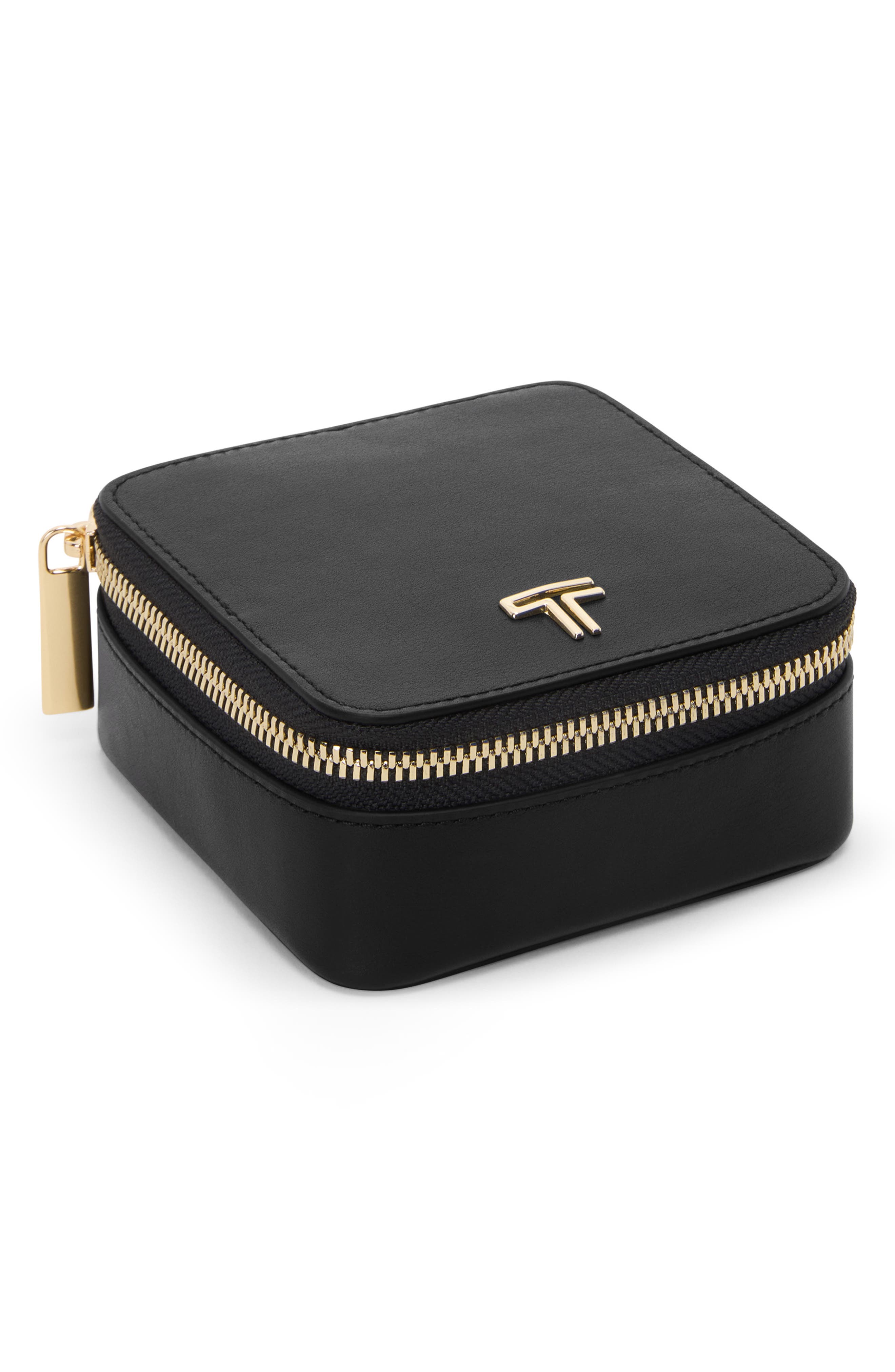 TUMI Leather Jewelry Case, Main, color, Black/ Light Gold