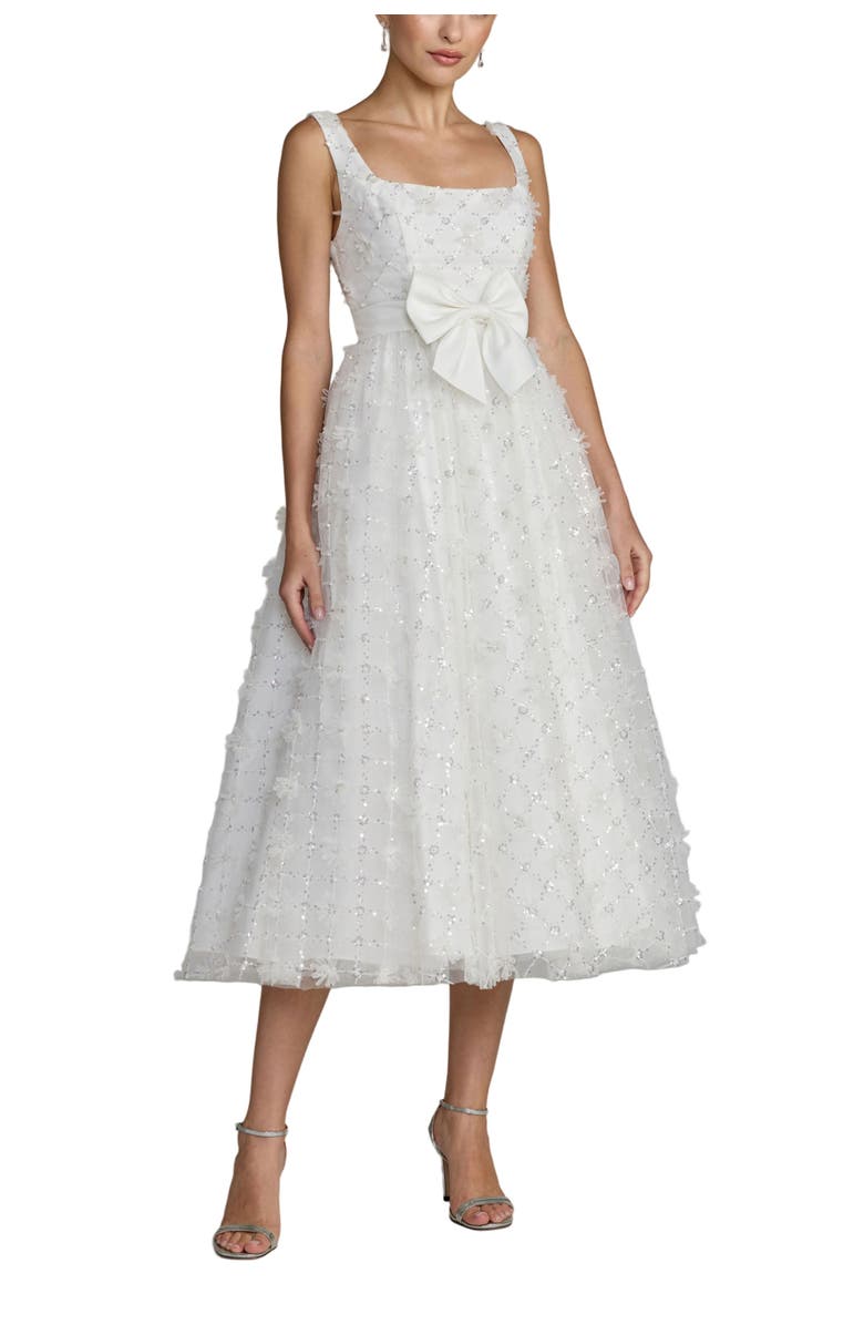 Mac Duggal Embellished Tulle Midi Dress with Satin Bow, Main, color, Ivory