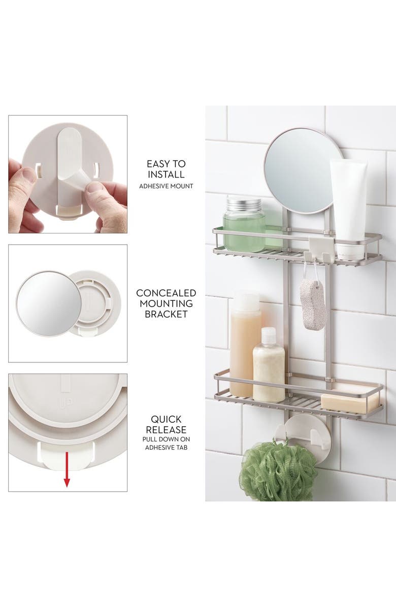 iDesign Self-Adhesive Shower Caddy with Mirror & Hooks - Satin, Alternate, color, Satin Silver