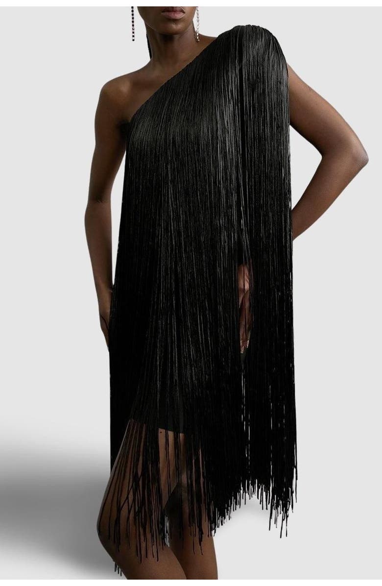 Karen Millen Asymmetric Draped Fringe Mini Dress, Alternate, color, Black