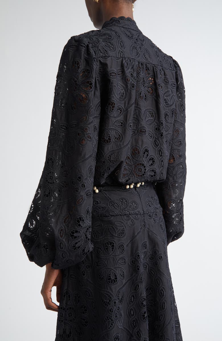Zimmermann Rhiannon Guipure Lace Trim Cotton Shirt, Alternate, color, Black