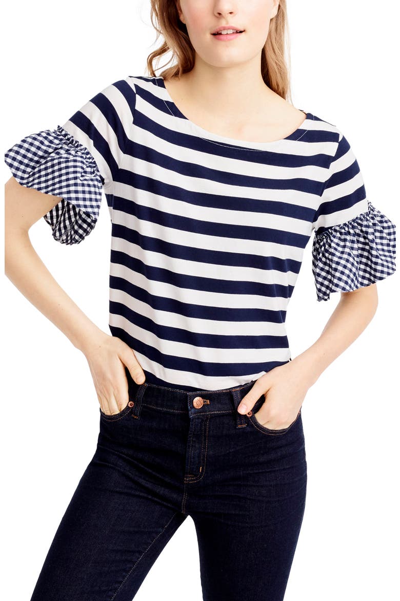 Ruffle Sleeve Top, Main, color, NAVY IVORY GINGHAM