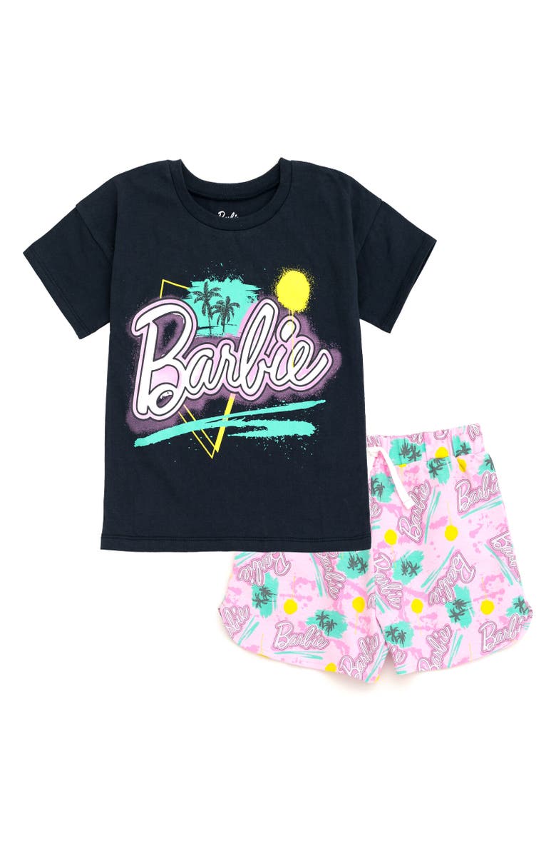 Barbie T-Shirt & French Terry Shorts Set, Main, color, Pink / Black / Graffiti