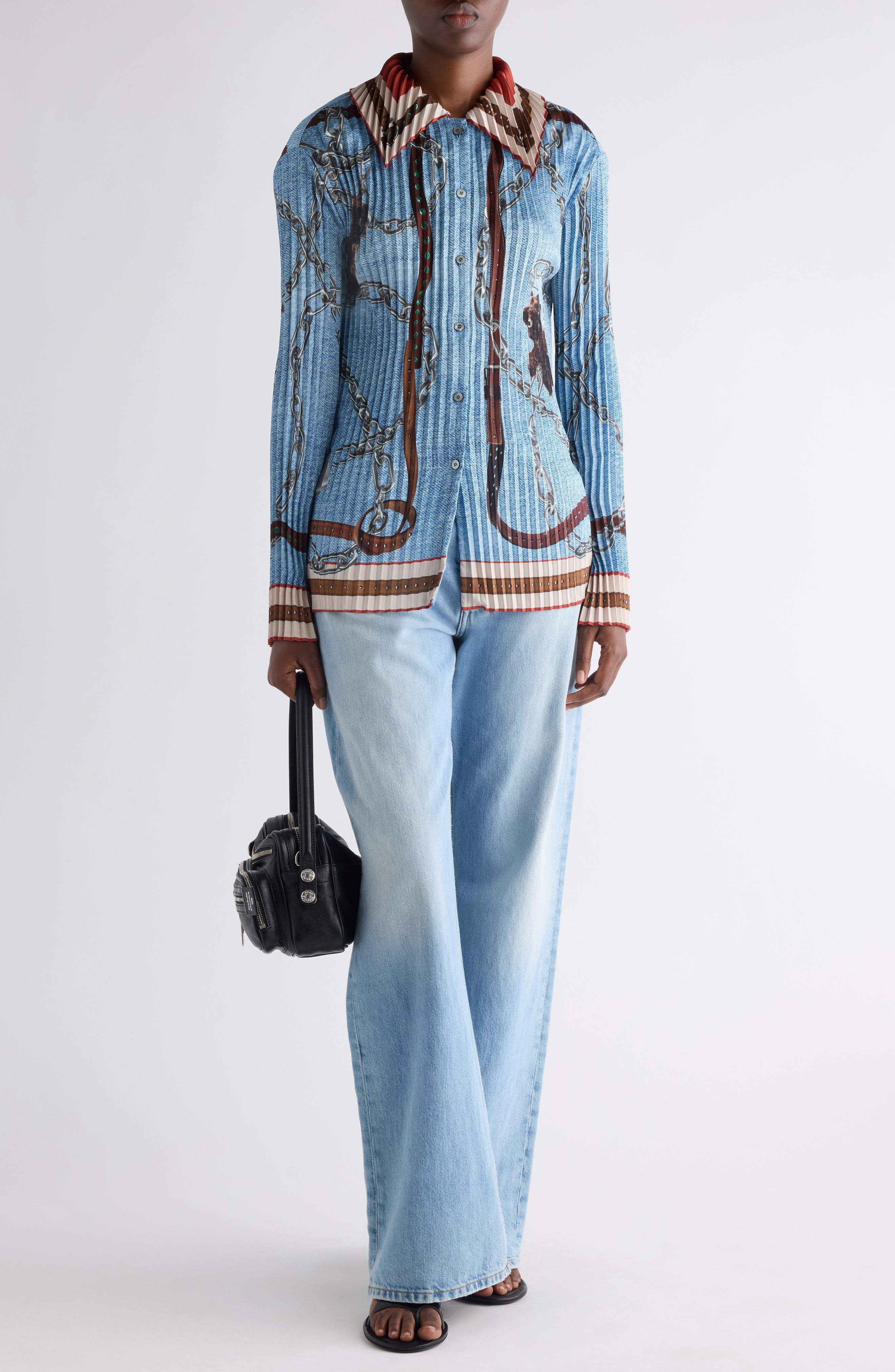 Pleated Print Button-Up Shirt - image 2