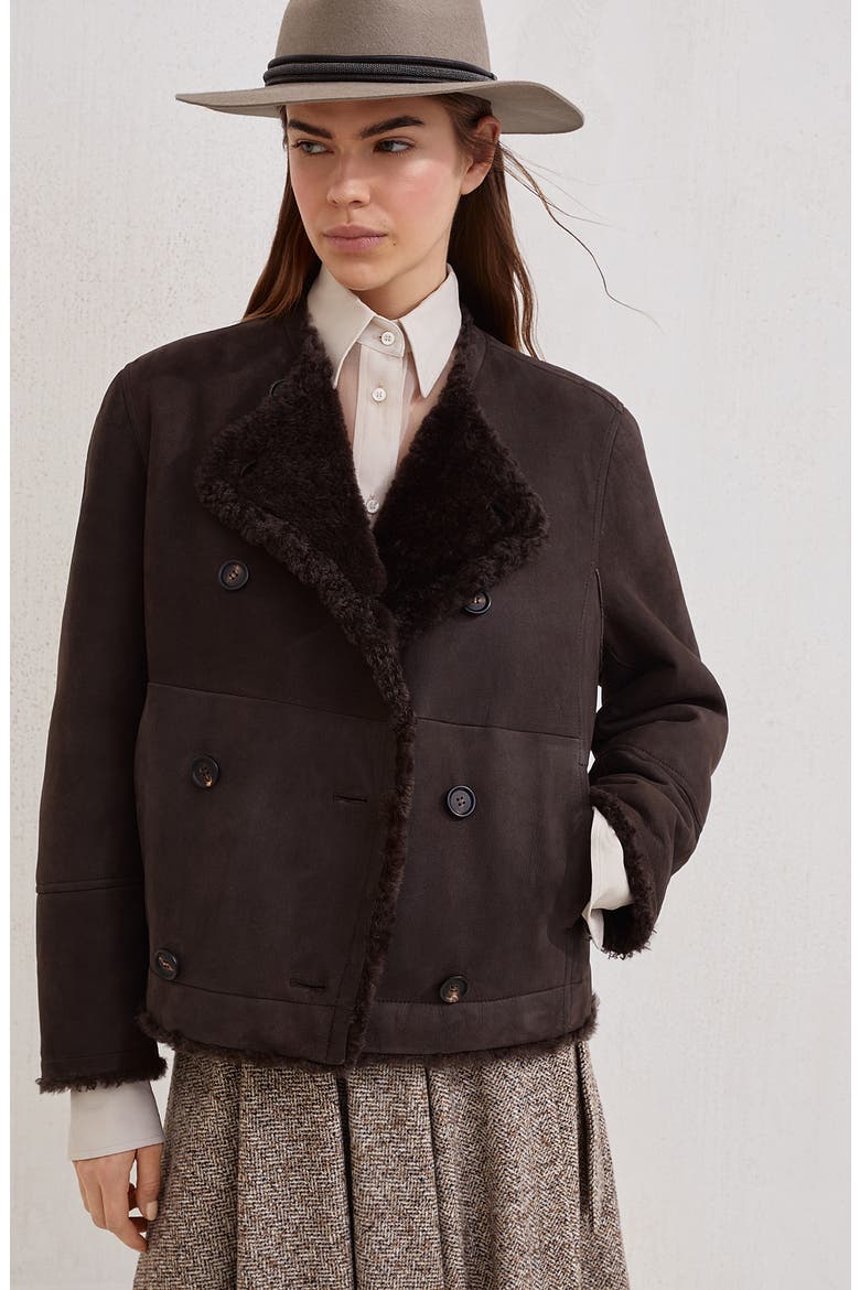Fuzzy shearling cropped pea coat, Alternate, color, Rust Brown