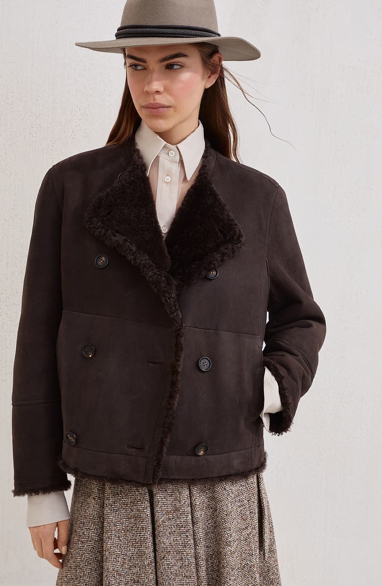 Brunello Cucinelli Fuzzy shearling cropped pea coat, Alternate, color, Rust Brown