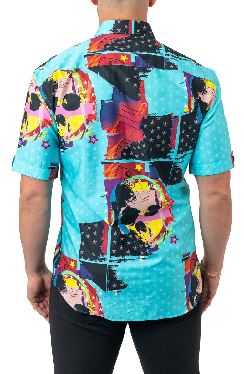 Maceoo Galileo Skullstar Blue Short Sleeve Button-Up Shirt, Alternate, color, 