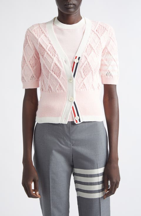 4-Bar Argyle Pointelle Stitch Short Sleeve Cardigan
