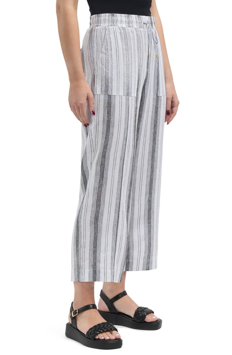 Ellen Tracy Wide Leg Linen Blend Drawstring Crop Pants, Alternate, color, Black/ White Multi Stripe