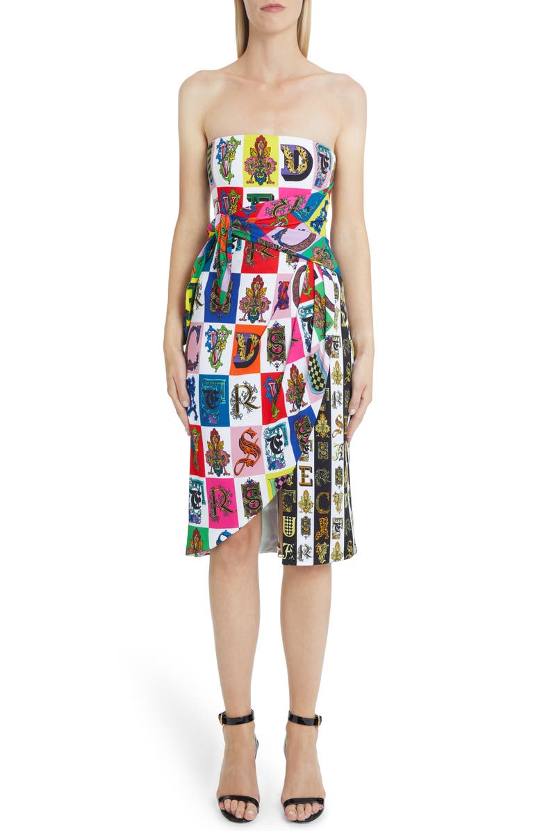 Versace First Line Alphabet Print Strapless Sheath Dress, Main, color, 