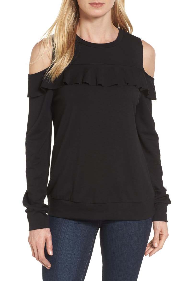 Ruffle Front Cold Shoulder Sweatshirt, Main, color, BLACK