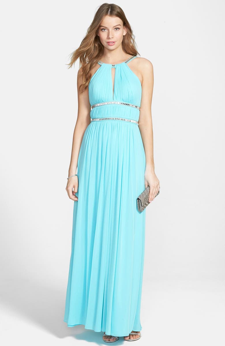 JOANNA CHEN NEW YORK Embellished Keyhole Jersey Gown, Main, color, 