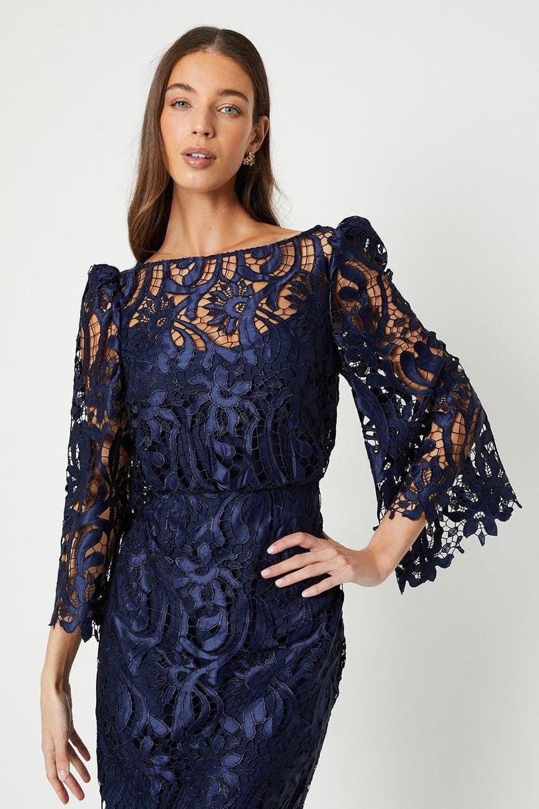 Satin Lace Boat Neck Midi Dress, Alternate, color, Navy