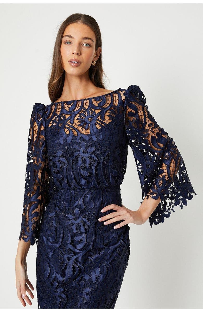 Coast Satin Lace Boat Neck Fluted Dress, Alternate, color, Navy