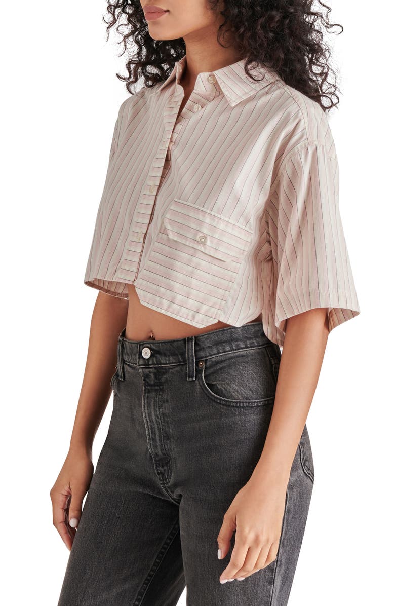 Steve Madden Tristan Stripe Oversize Crop Button-Up Shirt, Alternate, color,