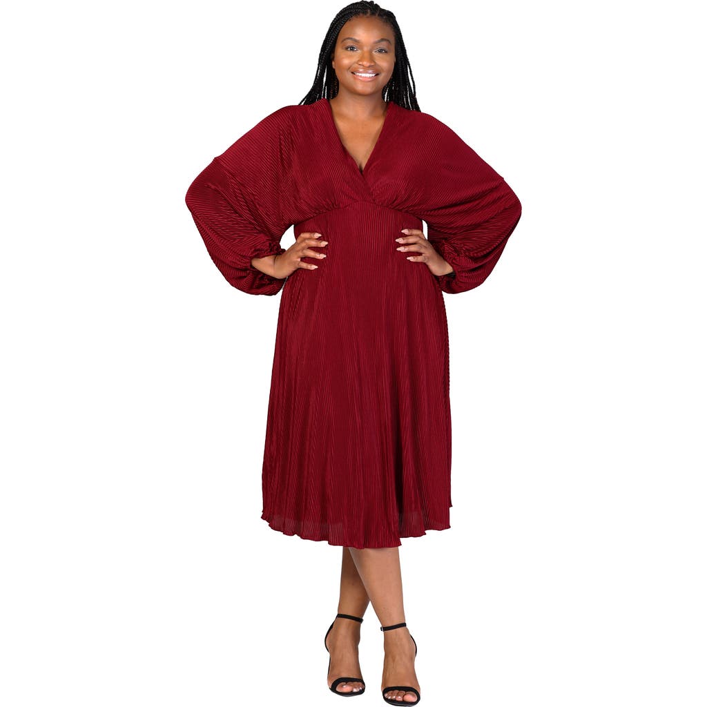 24seven Comfort Apparel V-neck Empire Waist Bishop Sleeve Midi Dress In Red