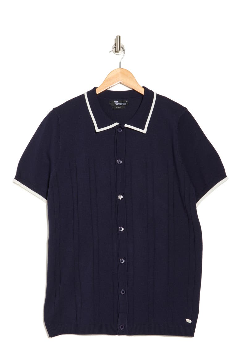 Short Sleeve Slim Fit Buttoned Sweater, Alternate, color, NAVY