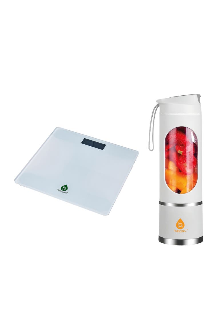 Wellness Set Bathroom Scale & USB Juicer Blender Cup, Main, color, White