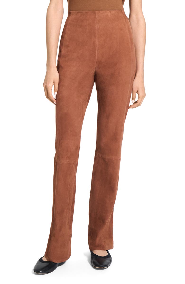 Theory Slit Hem Straight Leg Suede Pants, Main, color, Caramel