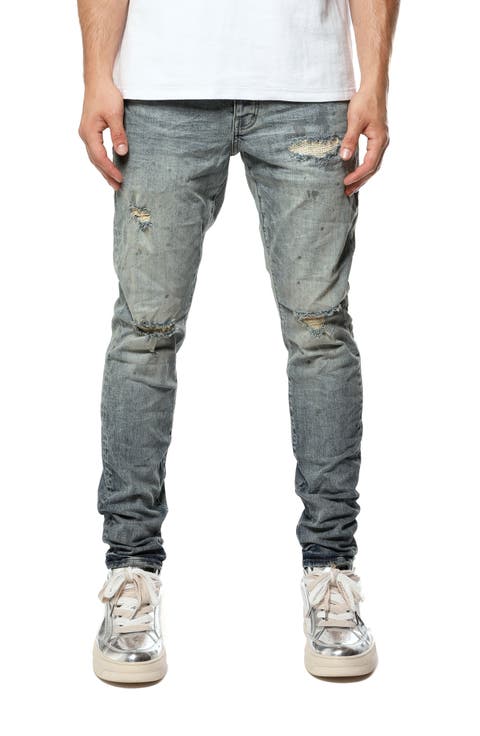 Paint Splashed Ripped Knee Skinny Jeans (Light Indigo)