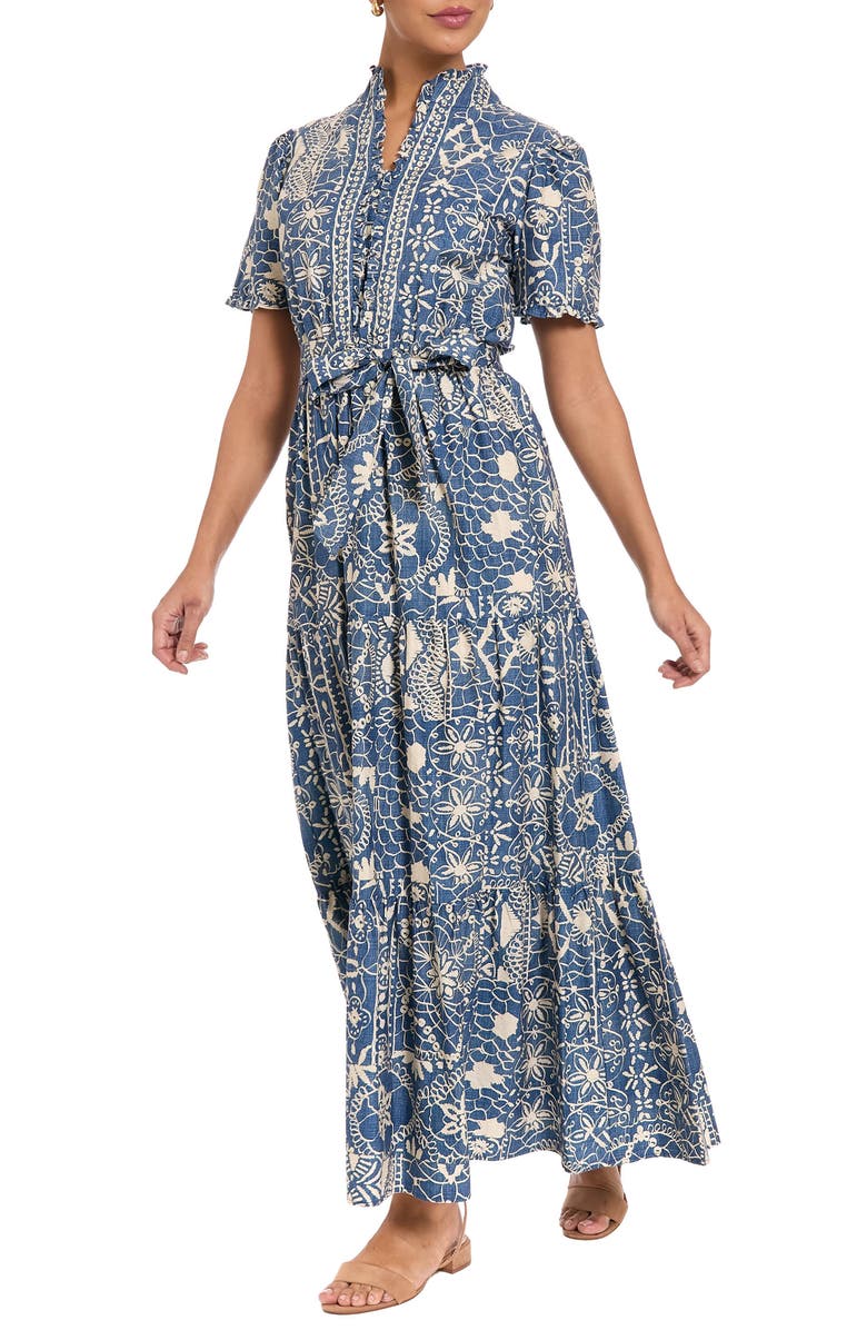 London Times Ruffle Tiered Tie Waist Maxi Dress, Alternate, color,