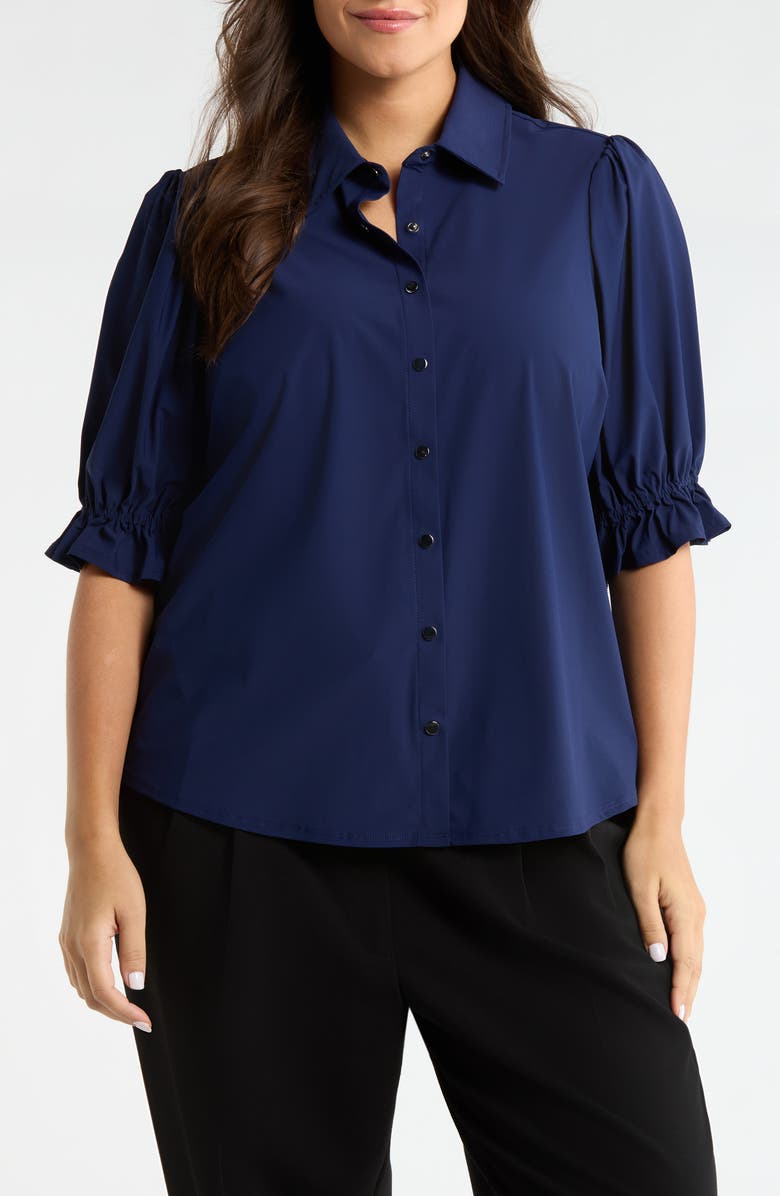 Liverpool Los Angeles Puff Sleeve Knit Snap-Up Shirt, Main, color, Navy Ink