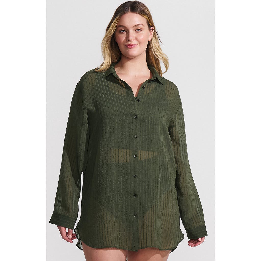 Lands' End Plus Size Rayon Rib Button Down Cover-up In Rich Olive Green