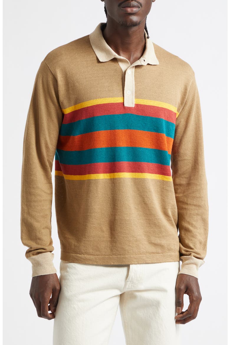 Rugby Stripe Linen & Cotton Polo Sweater, Main, color, LIGHT BROWN
