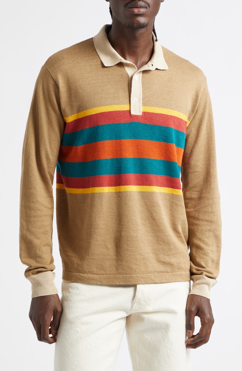 Drake's Rugby Stripe Linen & Cotton Polo Sweater, Main, color, Light Brown