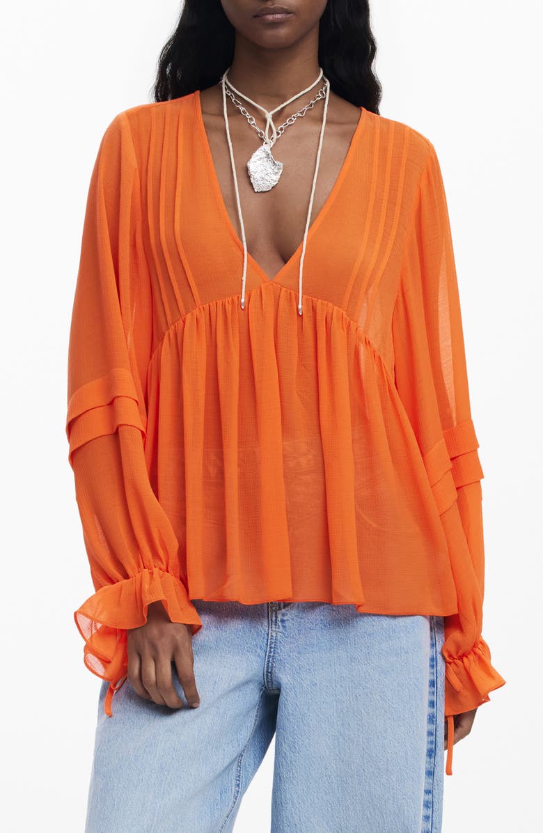 Desigual Balloon Sleeve Semisheer Top, Main, color, Orange
