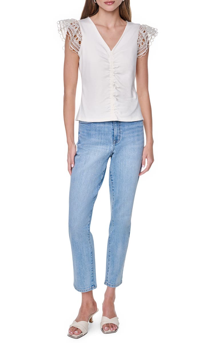 DKNY Center Ruched Lace Sleeve Cotton Blend Top, Alternate, color, Coconut