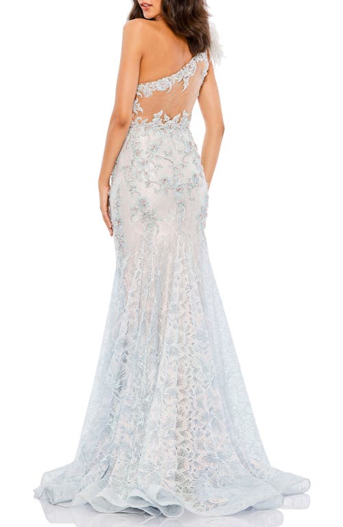 Mac Duggal Beaded Feather Detail One-shoulder Mermaid Gown In Crystal Blue