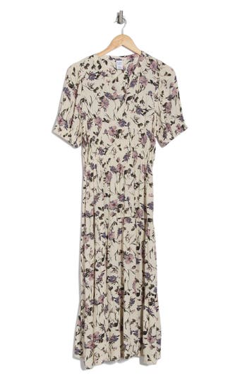 Shop Melrose And Market Crinkled Short Sleeve Tiered Midi Dress In Ivory- Blue Prim Bloom