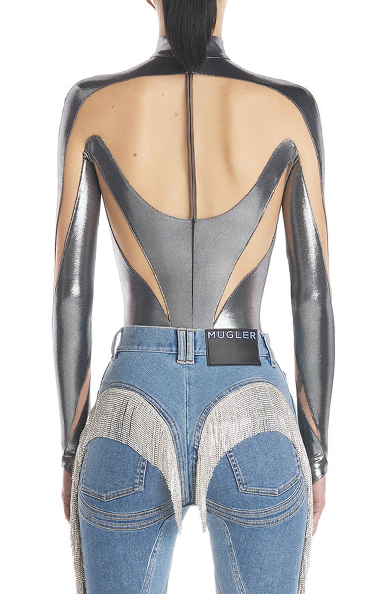 MUGLER Dua Lipa Metallic Illusion Bodysuit, Alternate, color,