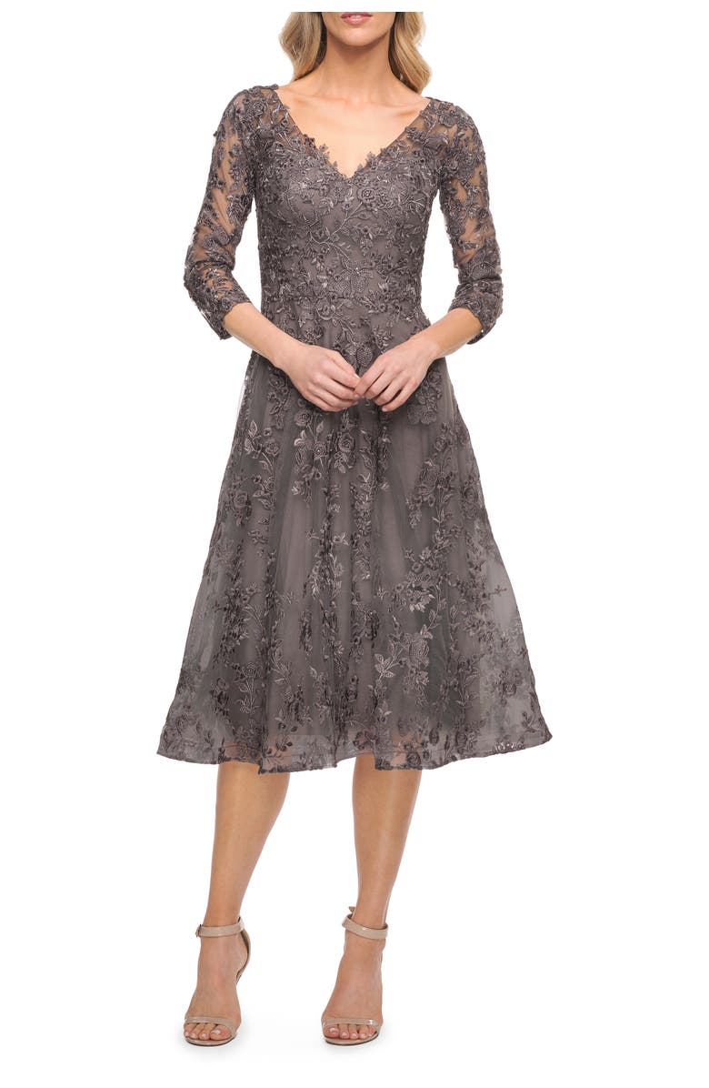 La Femme Tea Length Lace Evening Dress with Sleeves, Main, color, Gunmetal