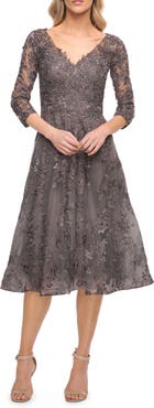 La Femme Tea Length Lace Evening Dress with Sleeves