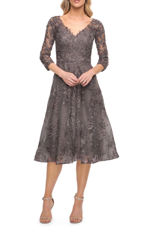 LA FEMME LA FEMME TEA LENGTH LACE EVENING DRESS WITH SLEEVES