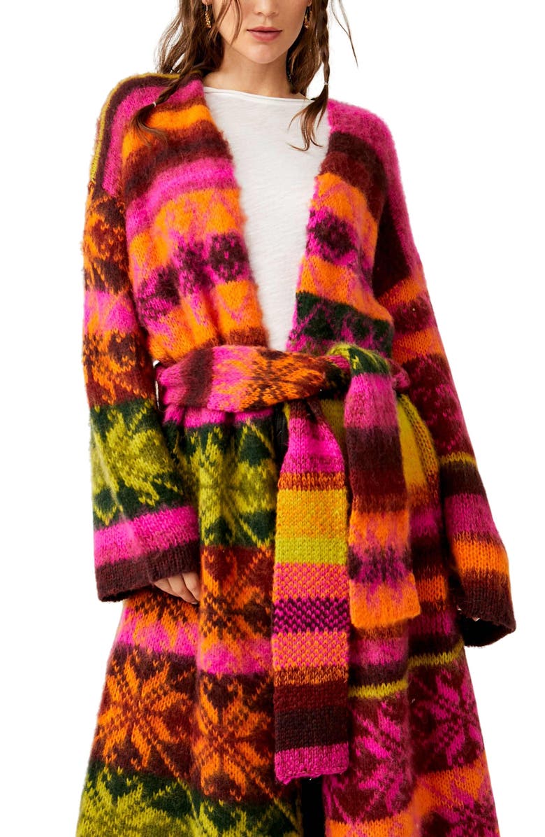 Free People Snowflake Tie Waist Long Cardigan, Alternate, color, 