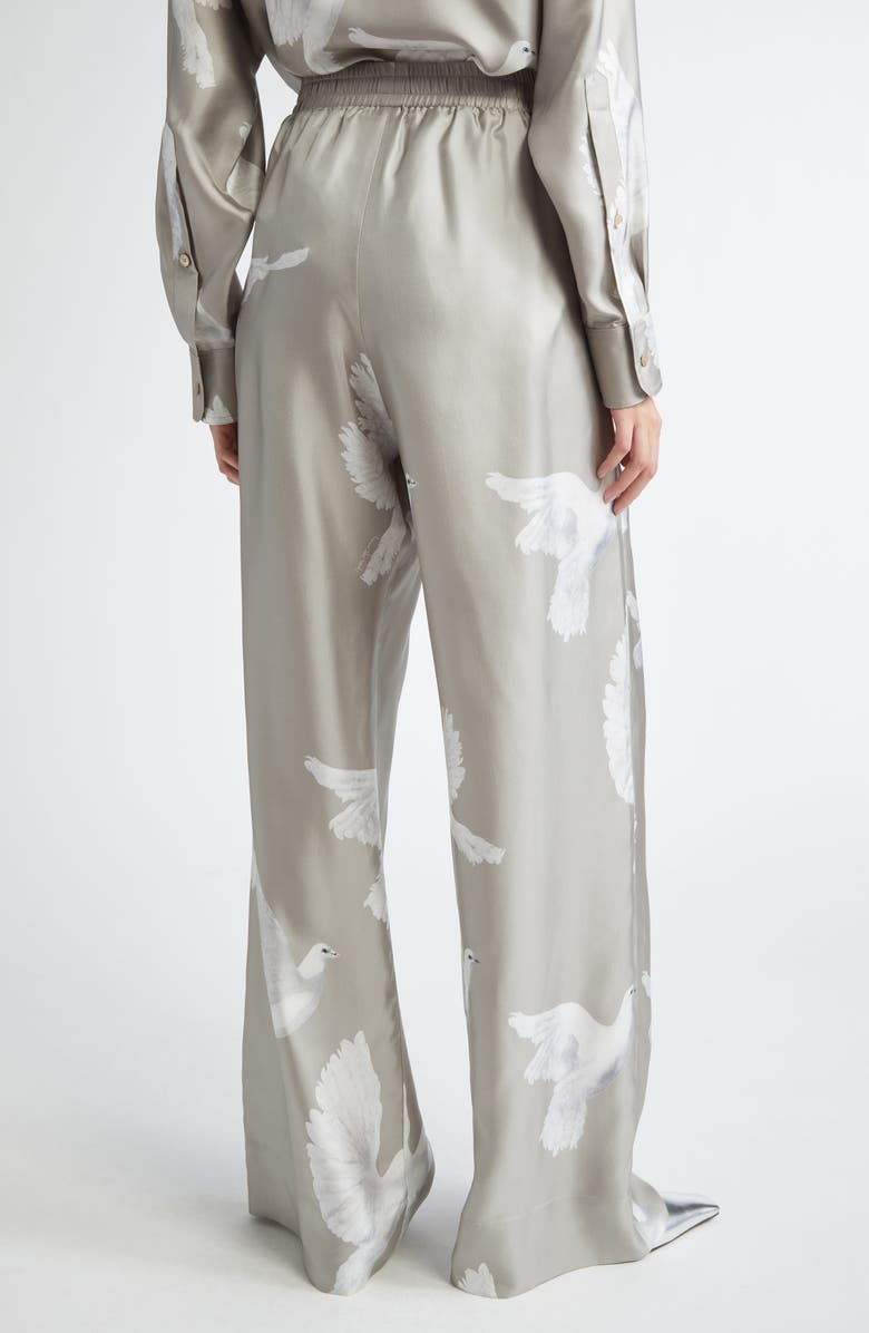 Stella McCartney Birds Print Silk Satin Pants, Alternate, color, Mud