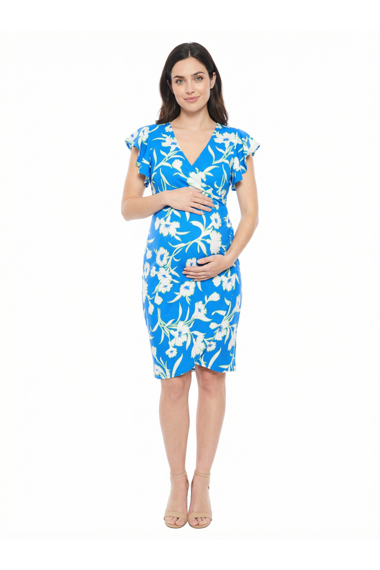 Maternity Floral Flutter Sleeve Faux Wrap Knee Length Dress, Main, color, Blue Multi